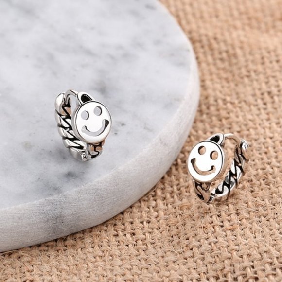 NEW 925 Sterling Silver Smiley Face Hoop Earrings - Picture 4 of 10